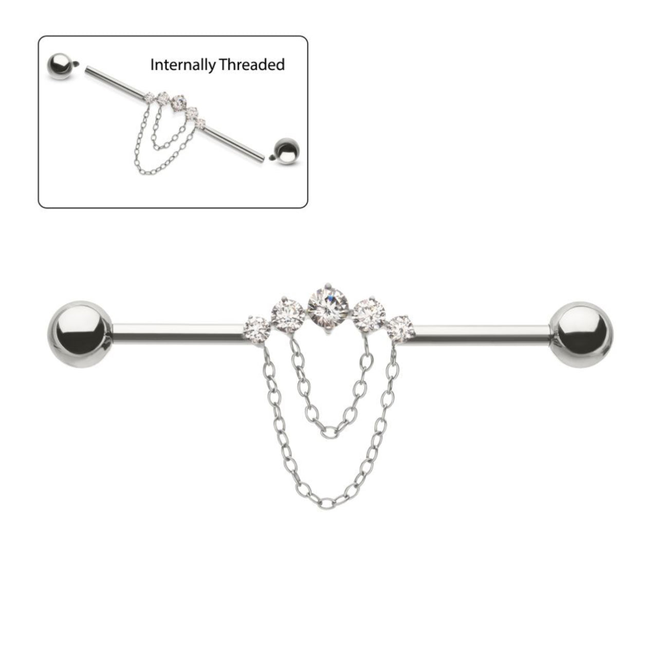 14g Titanium Internally Threaded 5 Round Prong Set Gem Cluster with 2-Tier Chain & Ball End Industrial Barbell | dangle industrial piercing