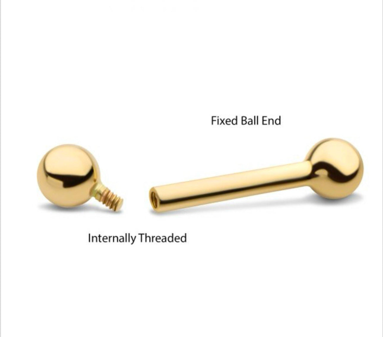 14kt solid yellow gold straight barbell with one side internally threaded & one side fixed ball | Tounge piercing | nipple piercing | 16 gauge