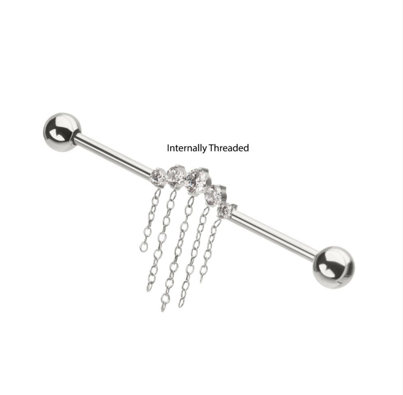 14gTitanium Internally Threaded 5 Round Prong Set Gem Cluster with 5 Chain Dangle & Ball End Industrial Barbell |dangle industrial