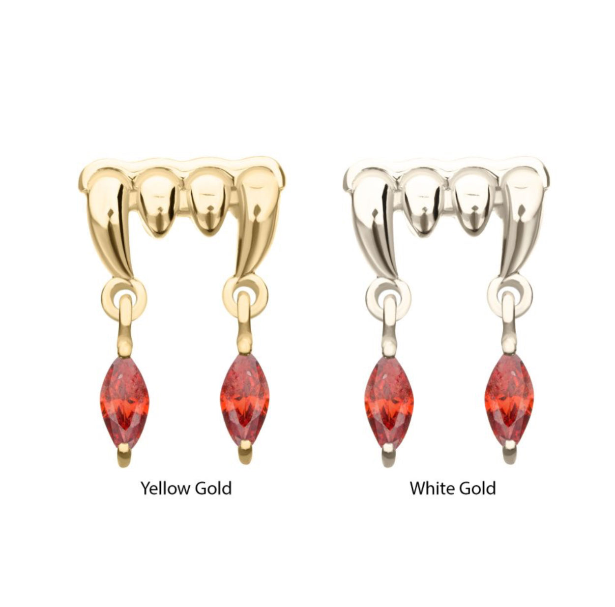 14Kt Gold Threadless Dripping Fangs Top with Garnet Marquise Gem Dangle piercing | halloween earrings | garnet earrings | dangle piercing