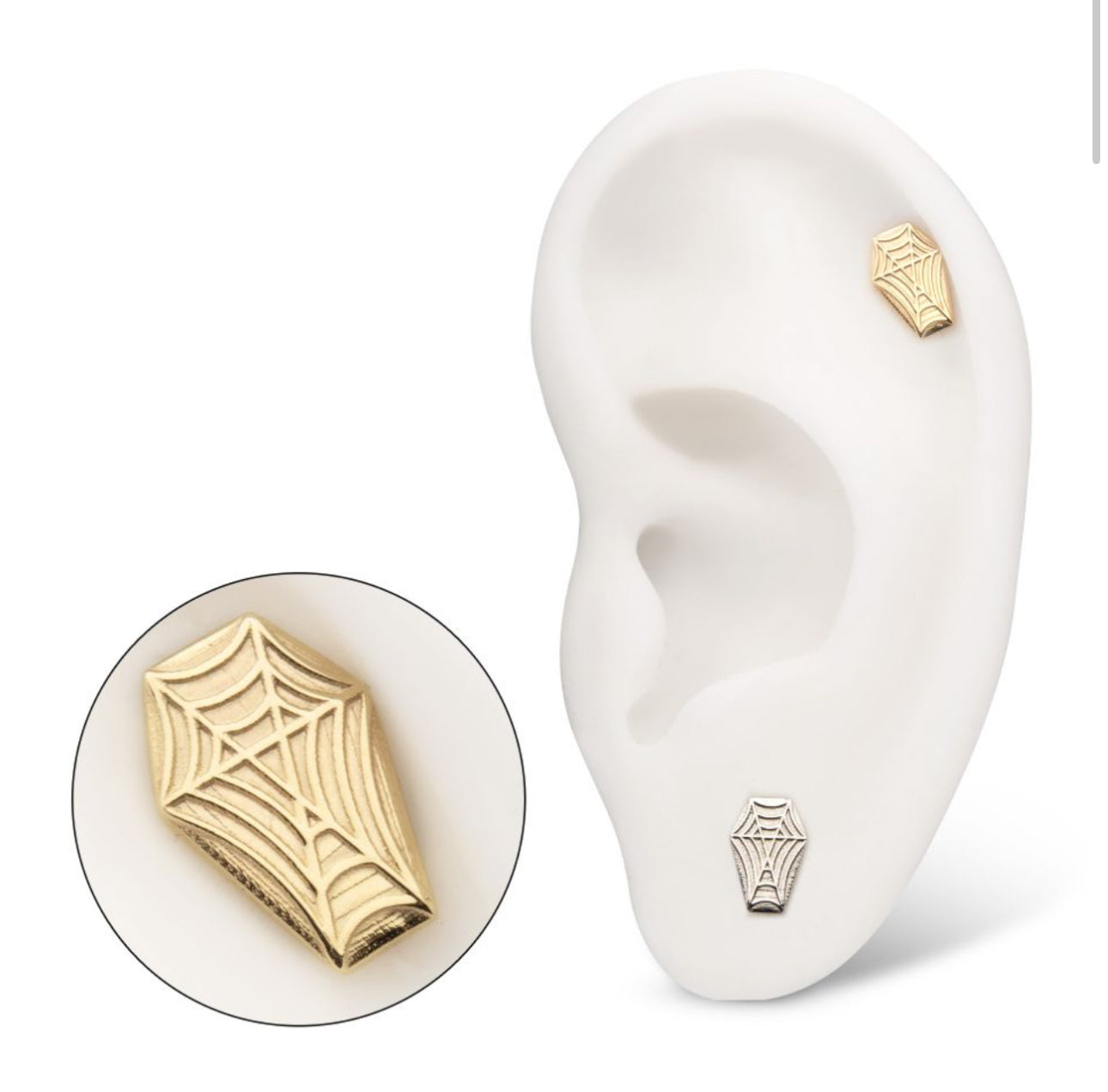 14kt Gold Threadless Coffin Top with Carved Spiderweb coffin earring | coffin earring | coffin jewelry | pentagram jewelry | gothic jewelry