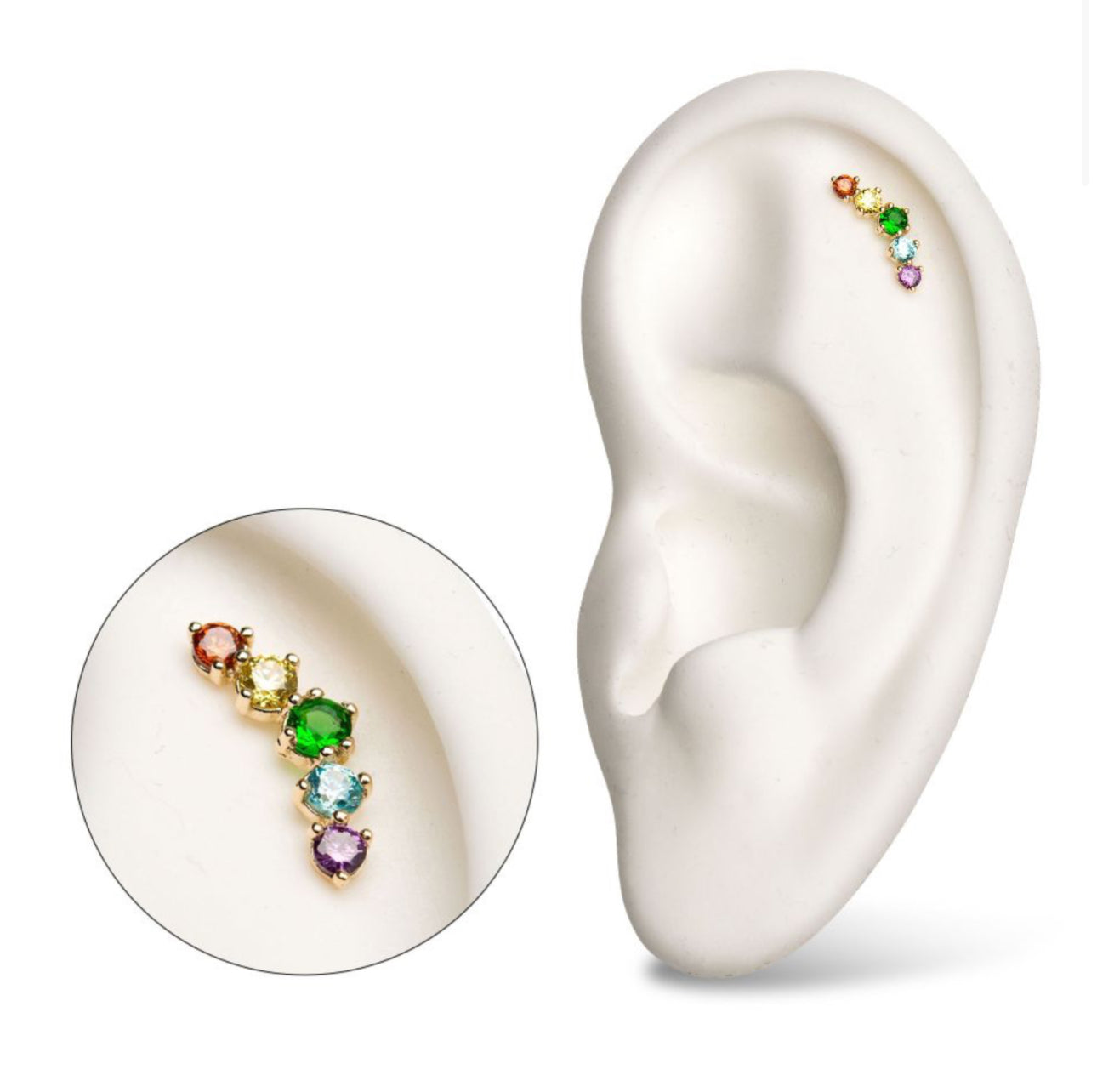 14Kt Yellow Gold Threadless with 5-Rainbow CZ Cluster earring | pride jewelry | cartilage piercing | conch piercing | ear piercing