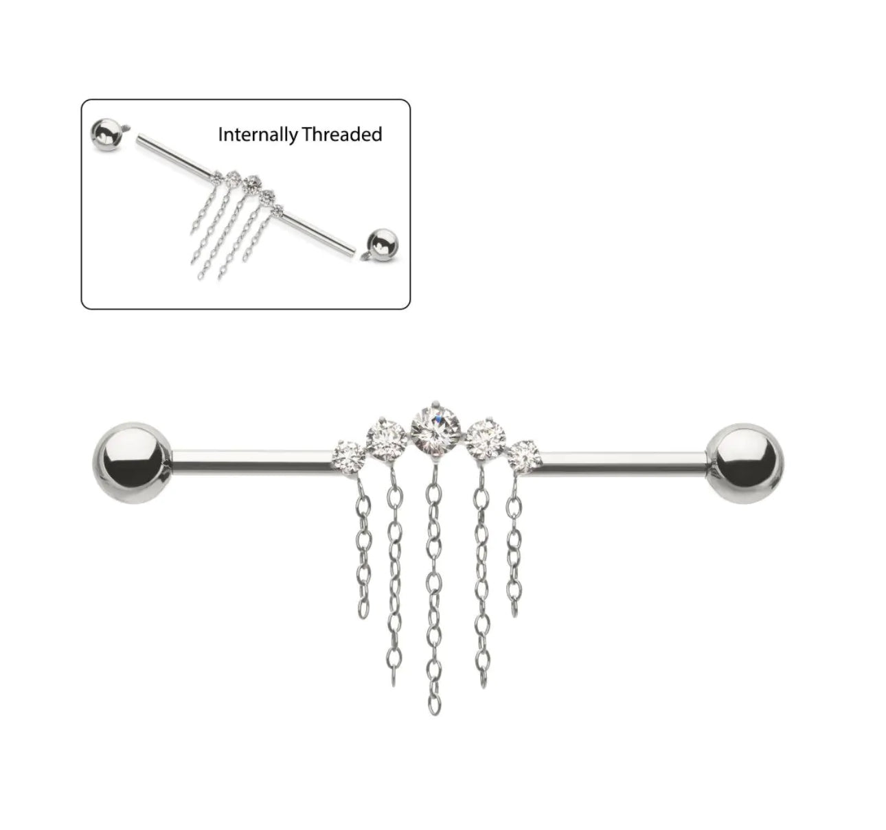 14gTitanium Internally Threaded 5 Round Prong Set Gem Cluster with 5 Chain Dangle & Ball End Industrial Barbell |dangle industrial
