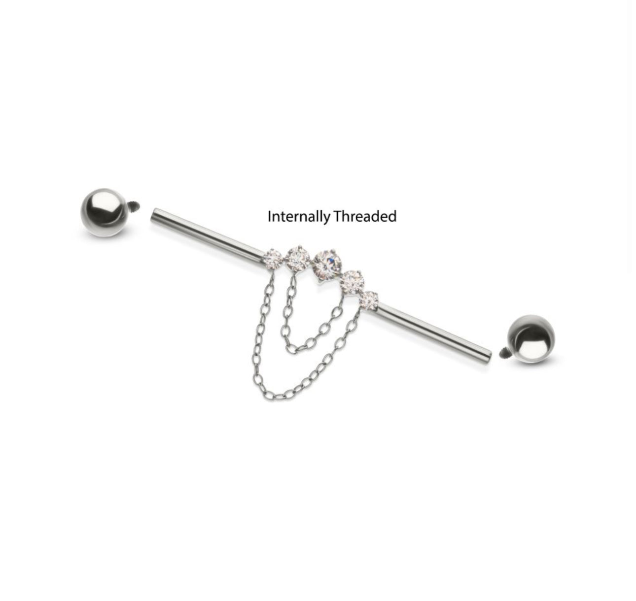 14g Titanium Internally Threaded 5 Round Prong Set Gem Cluster with 2-Tier Chain & Ball End Industrial Barbell | dangle industrial piercing