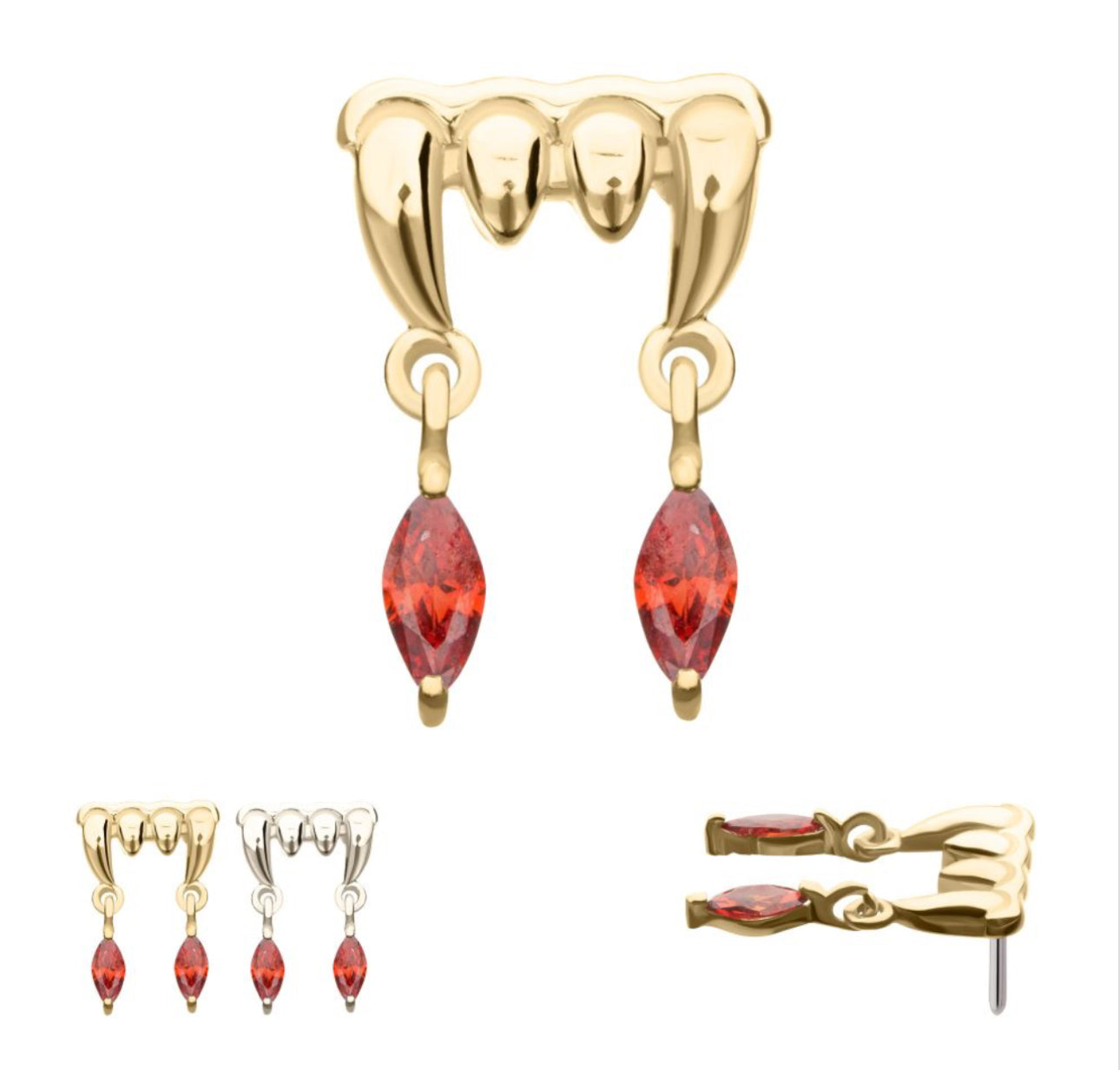 14Kt Gold Threadless Dripping Fangs Top with Garnet Marquise Gem Dangle piercing | halloween earrings | garnet earrings | dangle piercing