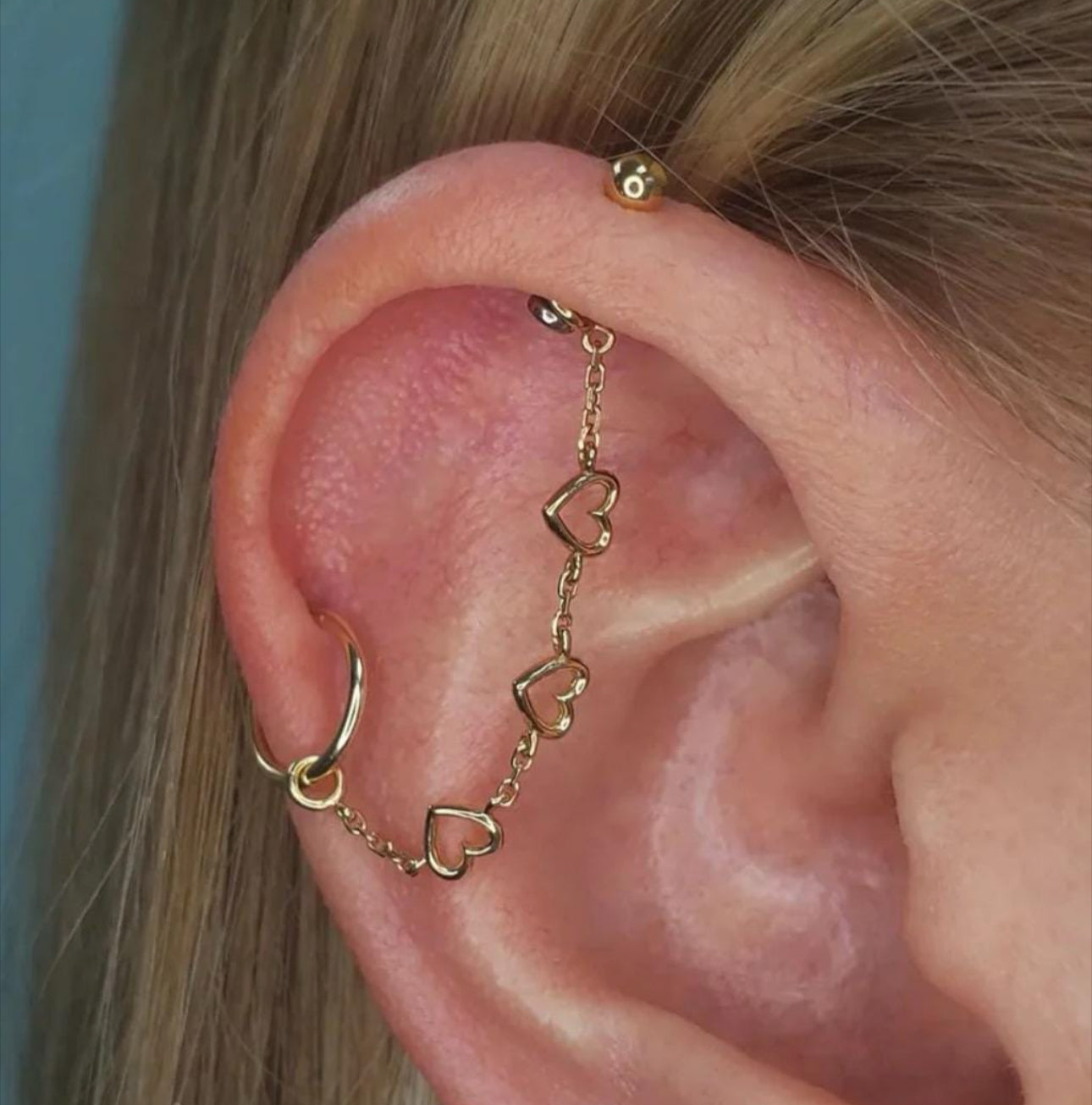 14Kt heart chain with hearts | nose chain | rose gold piercing chain | yellow gold piercing chain | industrial chain