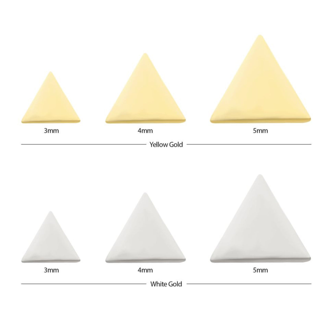 14kt gold threadedless triangle earring | nose stud | yellow gold earring | white gold earring | 20 gauge | 18 gauge | tragus stud