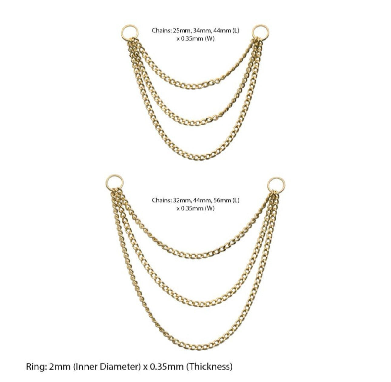14Kt Yellow Gold 3 Tier Curb Chains with 2 o Rings| triple gold nose chain | ear chain | gold nose chain | nose piercing |ear piercing