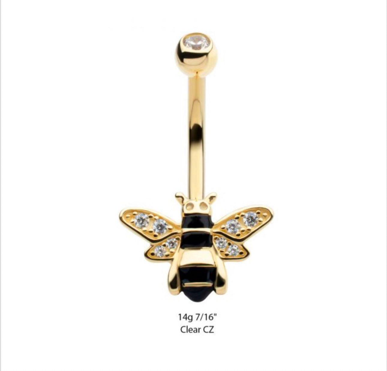 14kt solid yellow gold internally threaded pave set round CZ enamel bee fixed bottom navel | belly button piercing | gold belly button ring