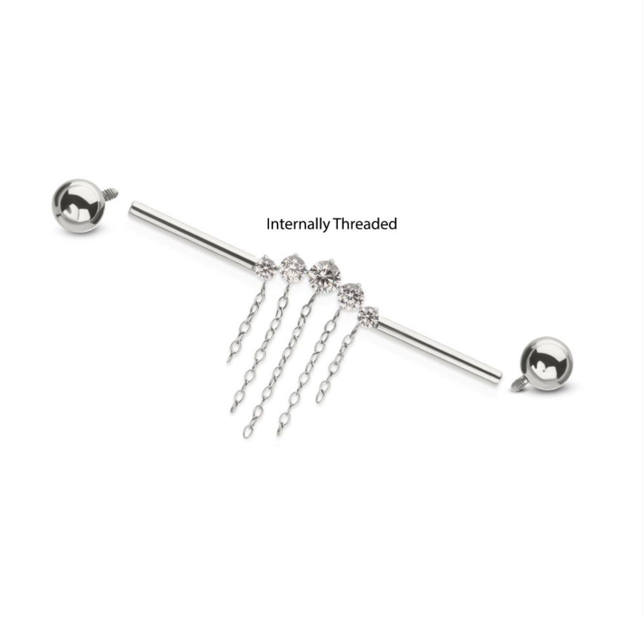 14gTitanium Internally Threaded 5 Round Prong Set Gem Cluster with 5 Chain Dangle & Ball End Industrial Barbell |dangle industrial