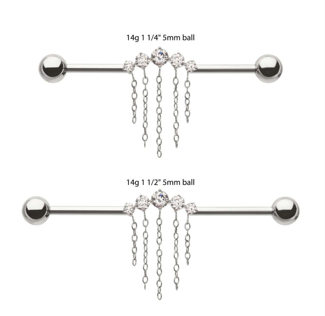 14gTitanium Internally Threaded 5 Round Prong Set Gem Cluster with 5 Chain Dangle & Ball End Industrial Barbell |dangle industrial