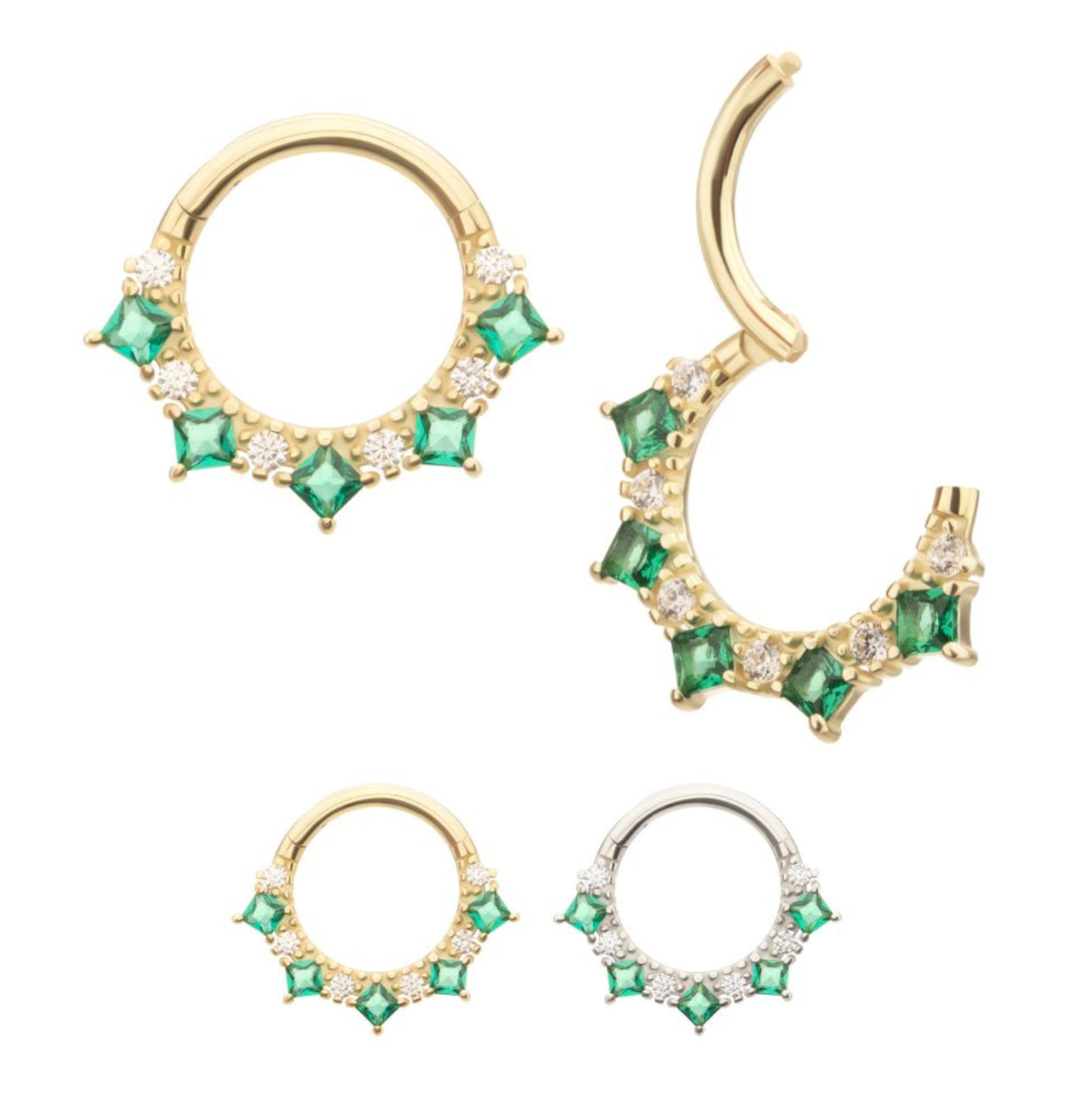 14Kt Gold Alternating Round & Princess Cut Prong Set Gem Front Facing Clicker | emraled septum piercing | gold septum piercing | gold daith