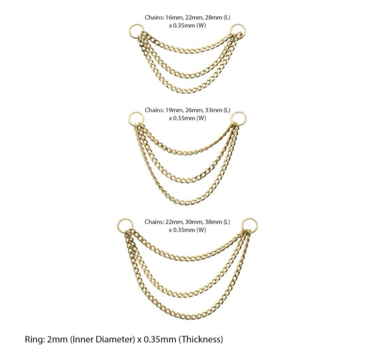 14Kt Yellow Gold 3 Tier Curb Chains with 2 o Rings| triple gold nose chain | ear chain | gold nose chain | nose piercing |ear piercing
