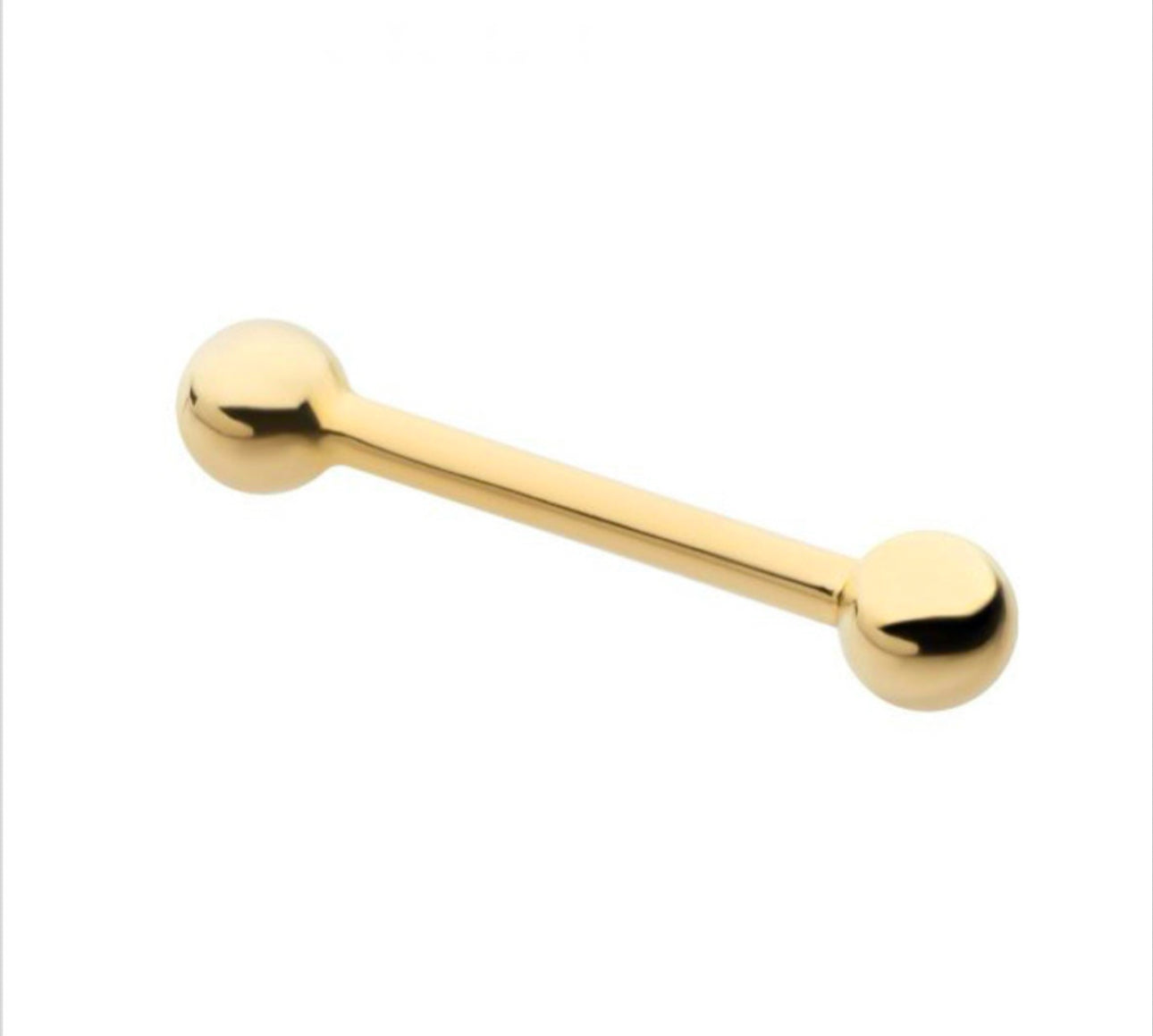 14kt solid yellow gold straight barbell with one side internally threaded & one side fixed ball | Tounge piercing | nipple piercing | 16 gauge