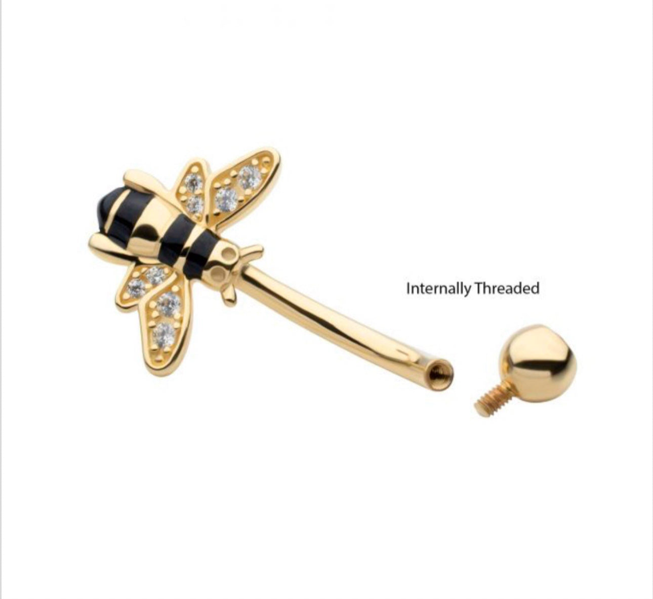 14kt solid yellow gold internally threaded pave set round CZ enamel bee fixed bottom navel | belly button piercing | gold belly button ring