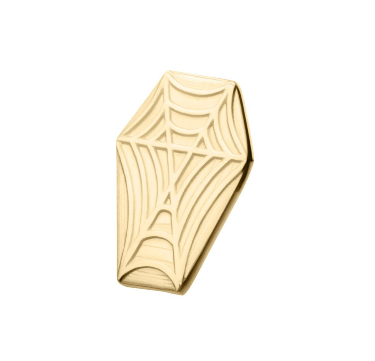 14kt Gold Threadless Coffin Top with Carved Spiderweb coffin earring | coffin earring | coffin jewelry | pentagram jewelry | gothic jewelry