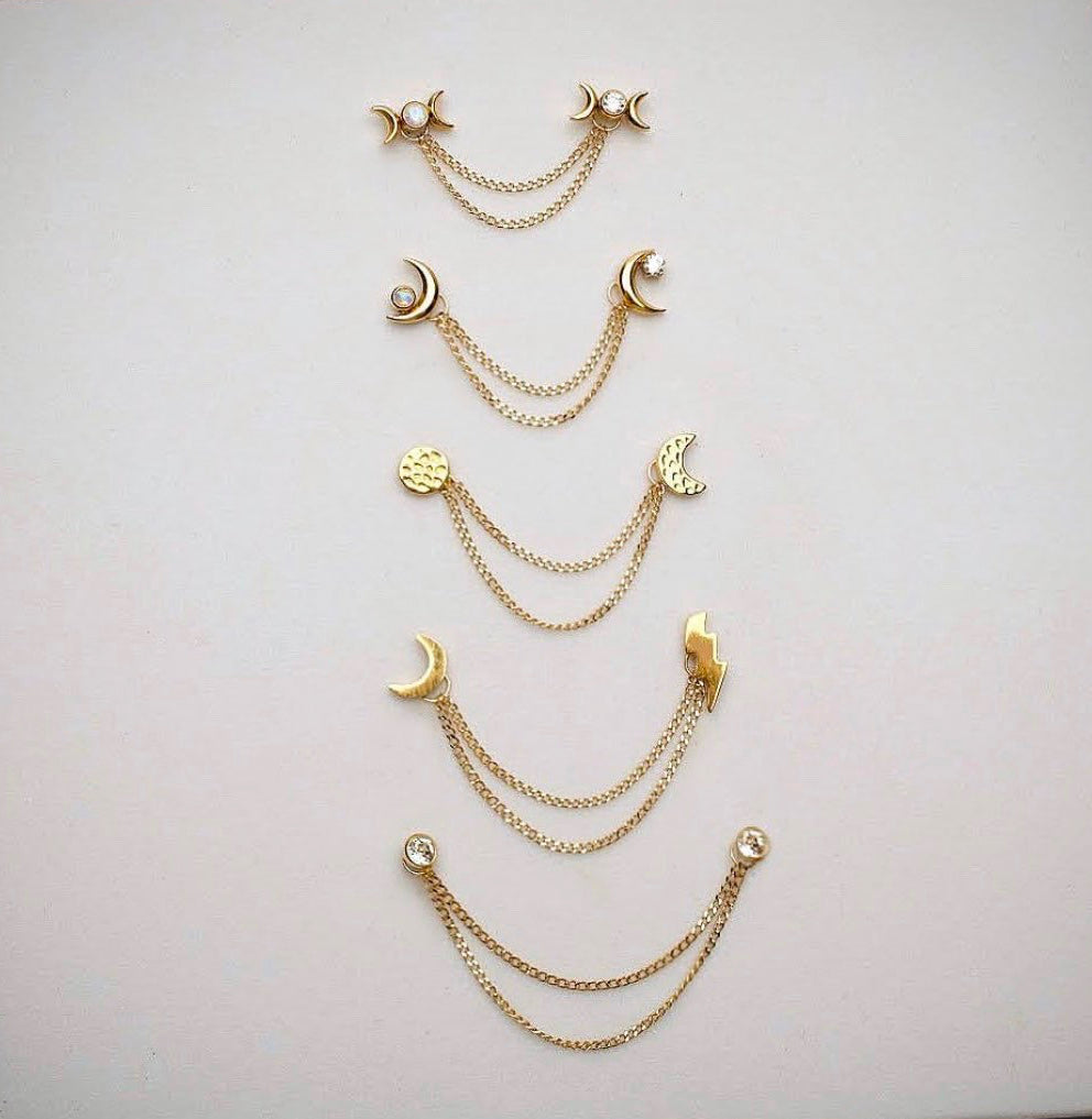 14kt yellow gold 2 tier curb chain with o-ring | gold ear chain | double gold chain | yellow gold chain | double yellow gold chain for ear