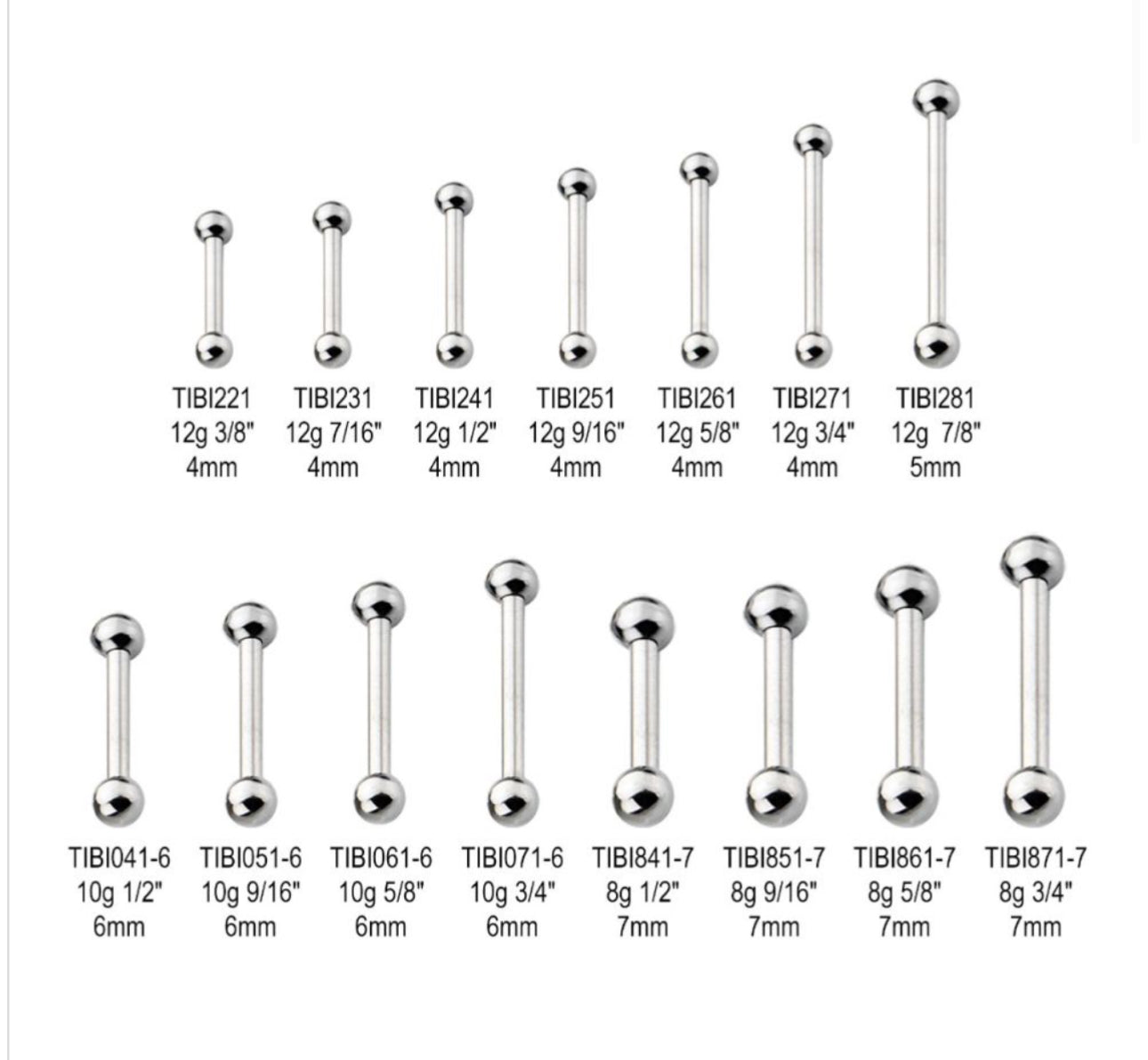 14 gauge internally threaded barbell | Tounge barbell | Tounge piercing | Tounge jewelry | 12.7mm | 14mm | 16mm | 19mm | 16mm | 19mm | 22mm