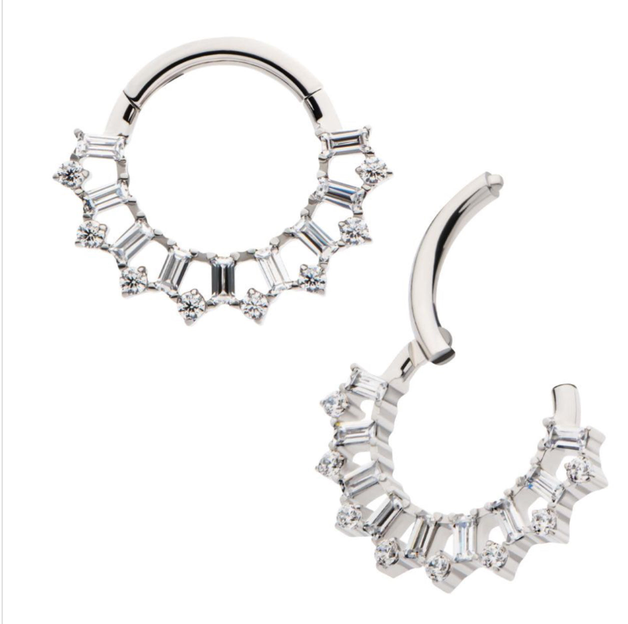 Titanium clustered prong set round & baguette CZ front facing hinged segment clicker | septum ring | daith ring | septum piercing | daith