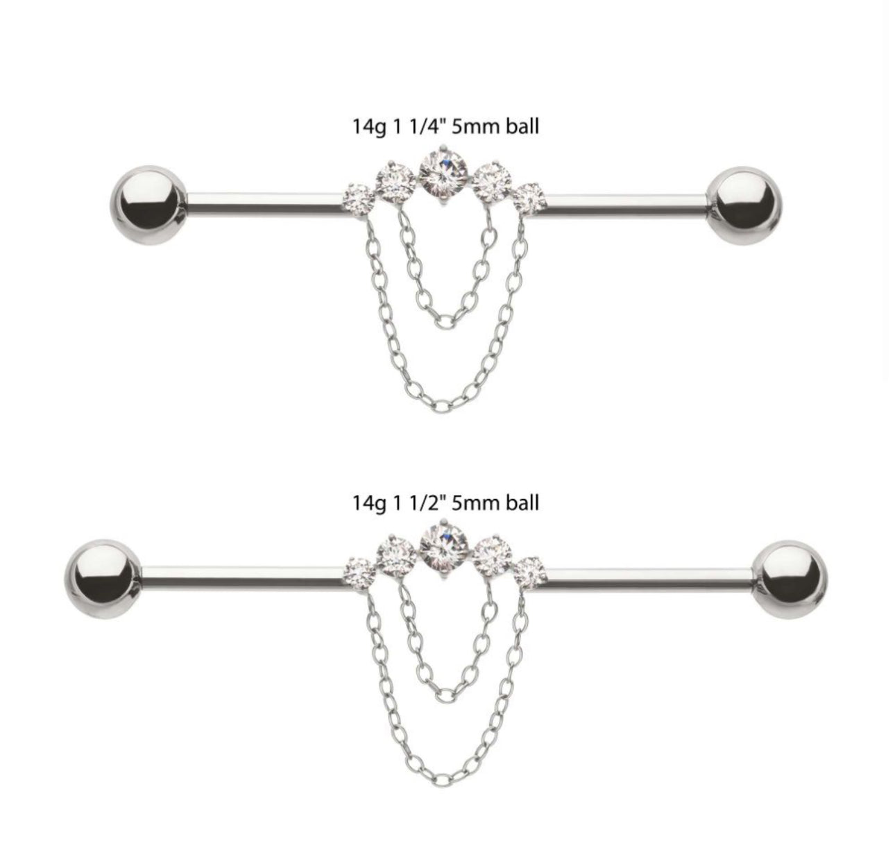 14g Titanium Internally Threaded 5 Round Prong Set Gem Cluster with 2-Tier Chain & Ball End Industrial Barbell | dangle industrial piercing