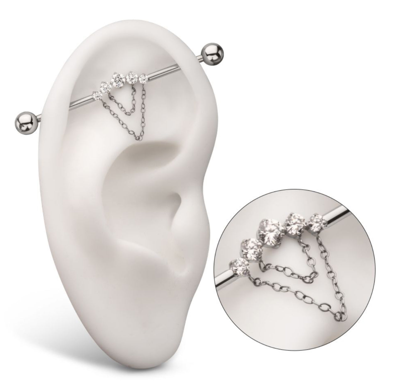 14g Titanium Internally Threaded 5 Round Prong Set Gem Cluster with 2-Tier Chain & Ball End Industrial Barbell | dangle industrial piercing