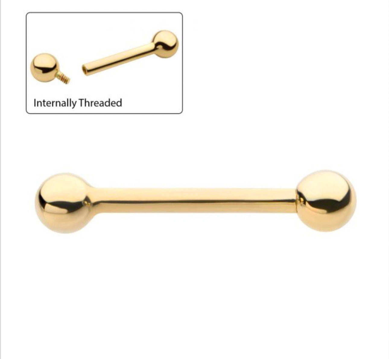 14kt solid yellow gold straight barbell with one side internally threaded & one side fixed ball | Tounge piercing | nipple piercing | 16 gauge