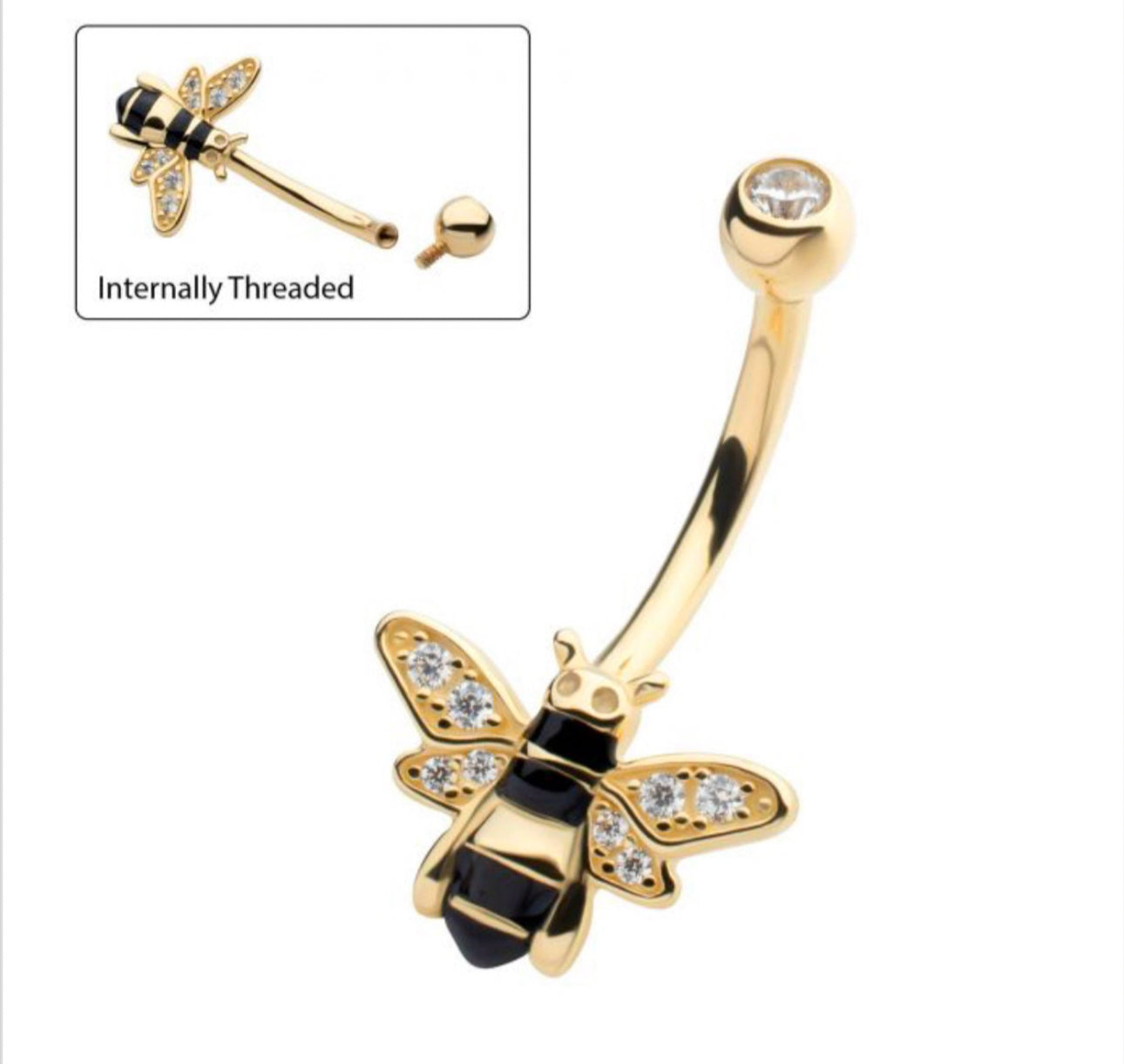 14kt solid yellow gold internally threaded pave set round CZ enamel bee fixed bottom navel | belly button piercing | gold belly button ring