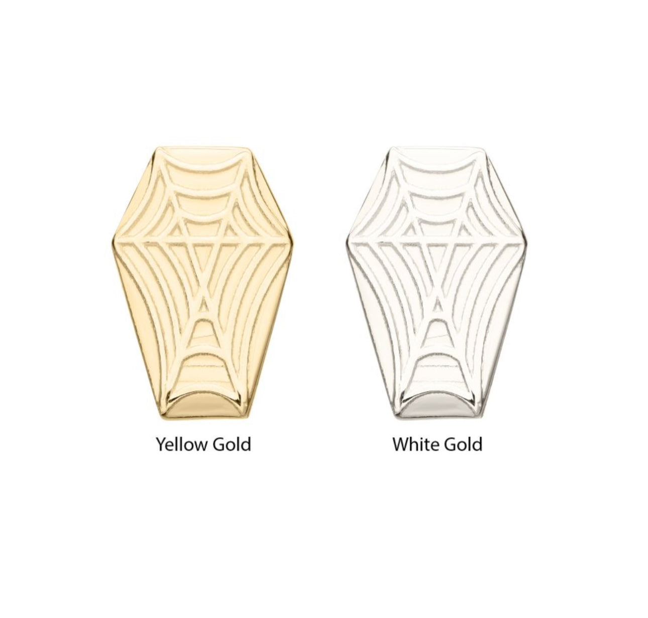 14kt Gold Threadless Coffin Top with Carved Spiderweb coffin earring | coffin earring | coffin jewelry | pentagram jewelry | gothic jewelry