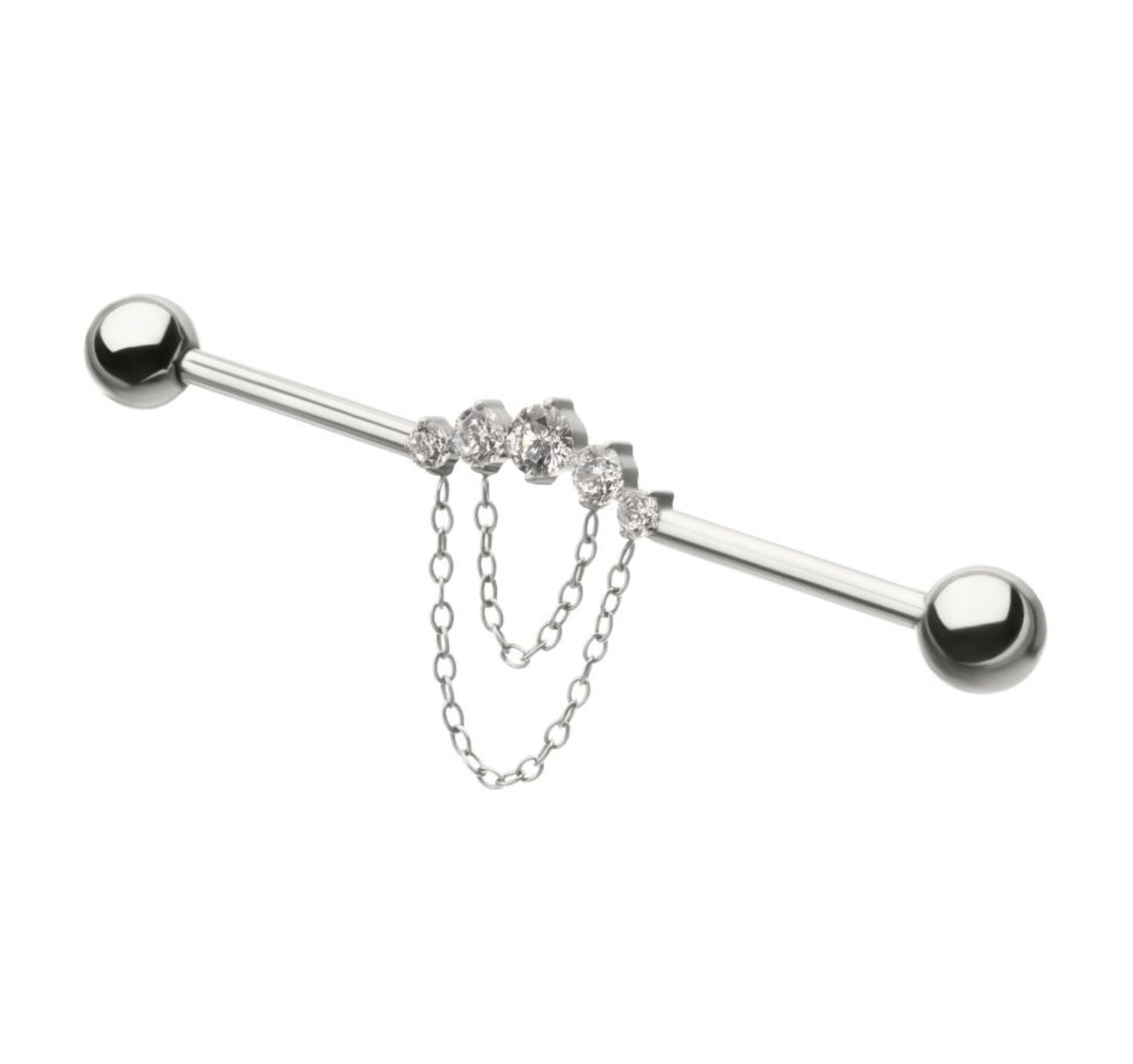 14g Titanium Internally Threaded 5 Round Prong Set Gem Cluster with 2-Tier Chain & Ball End Industrial Barbell | dangle industrial piercing