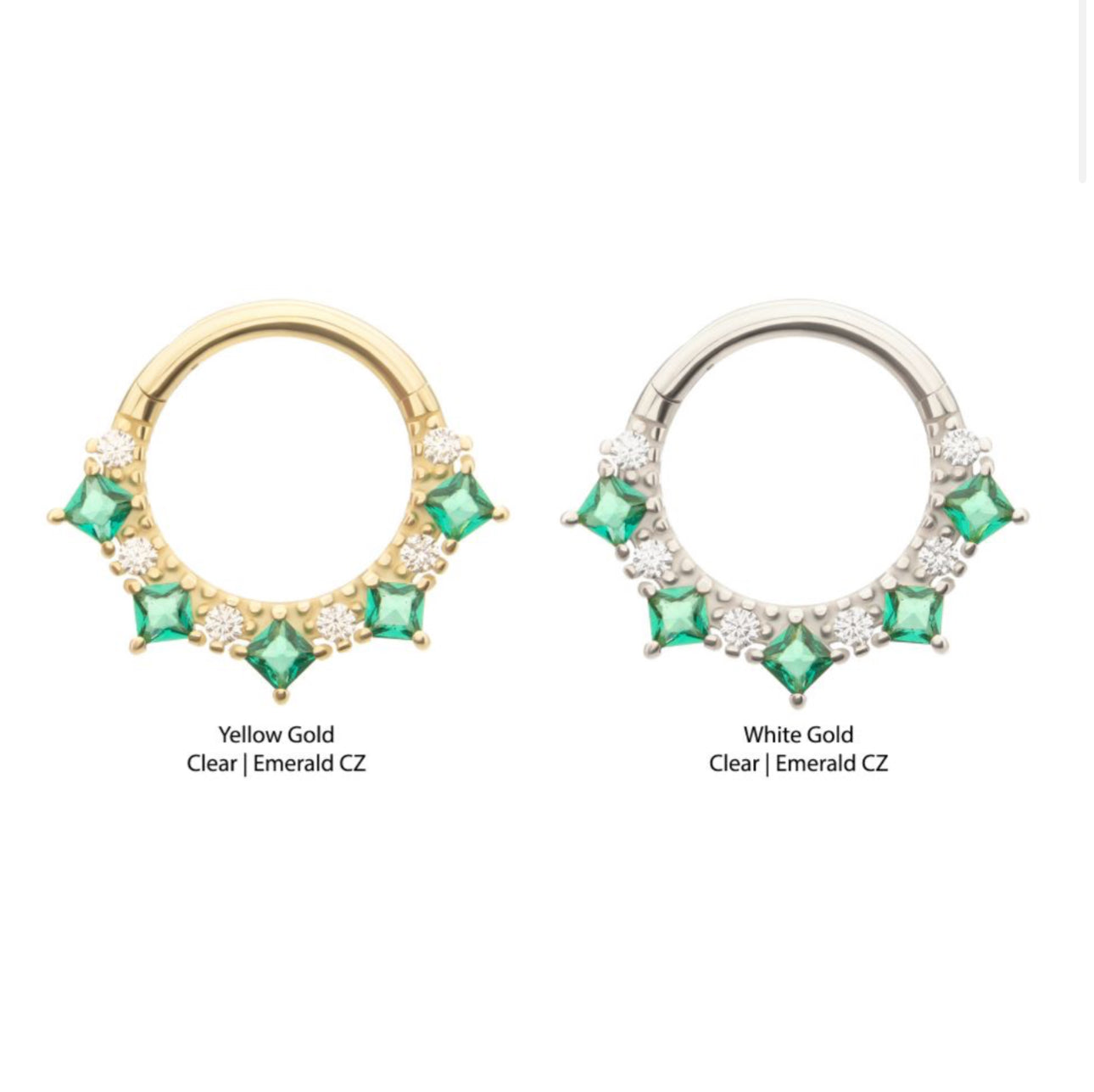 14Kt Gold Alternating Round & Princess Cut Prong Set Gem Front Facing Clicker | emraled septum piercing | gold septum piercing | gold daith