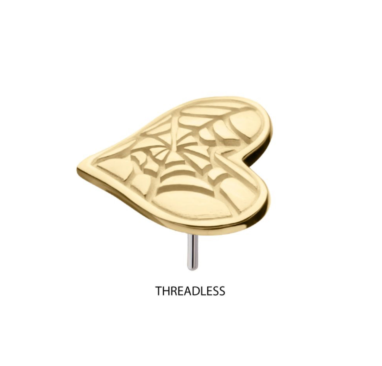 14Kt Gold Threadless Heart Top with Carved Spiderweb earring  | cartilage piercing | Tragus piercing | white gold piercing | yellow gold