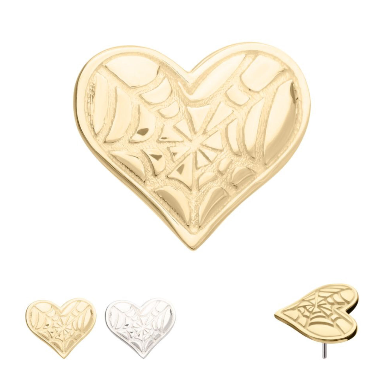 14Kt Gold Threadless Heart Top with Carved Spiderweb earring  | cartilage piercing | Tragus piercing | white gold piercing | yellow gold