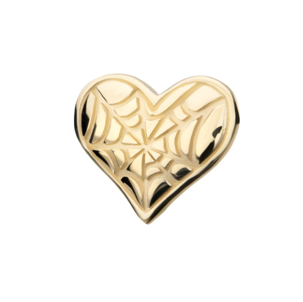14Kt Gold Threadless Heart Top with Carved Spiderweb earring  | cartilage piercing | Tragus piercing | white gold piercing | yellow gold