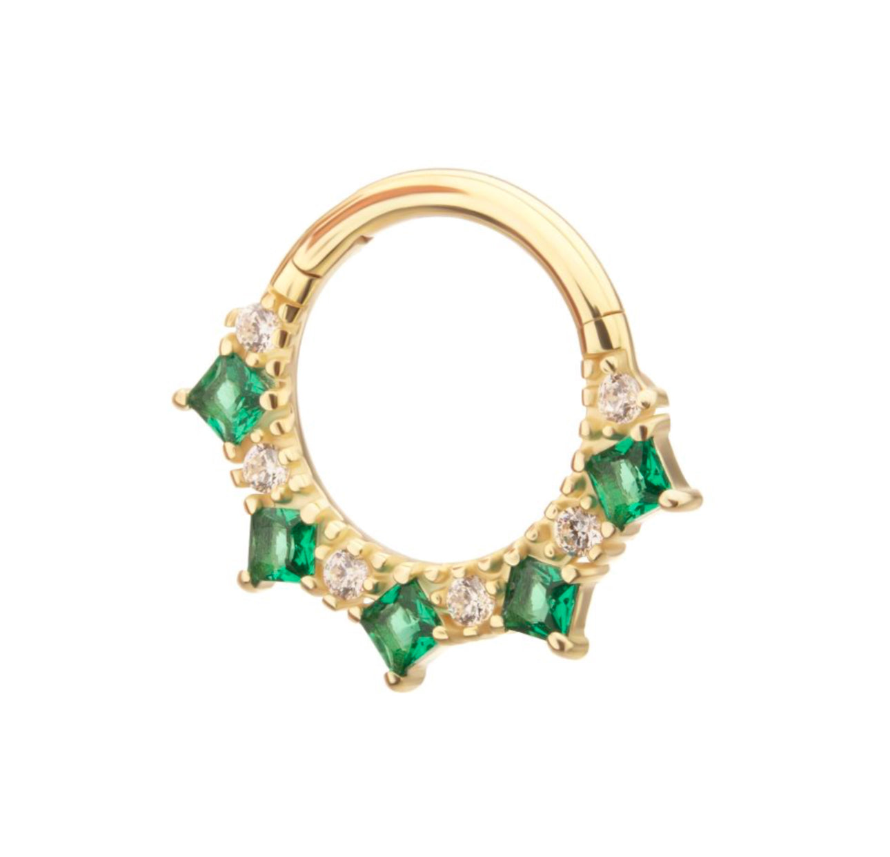 14Kt Gold Alternating Round & Princess Cut Prong Set Gem Front Facing Clicker | emraled septum piercing | gold septum piercing | gold daith