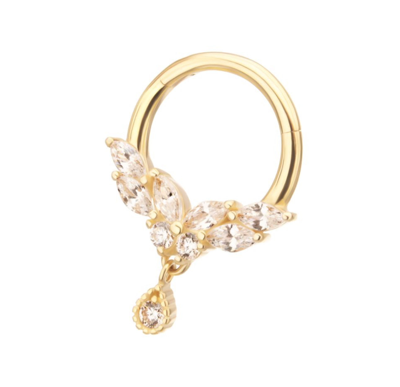 14Kt Gold Marquise Cluster Butterfly with Gem Dangle Front Facing Hinged Segment Clicker | gold septum piercing | butterfly jewelry | dangle