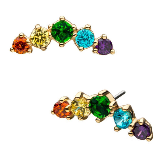 14Kt Yellow Gold Threadless with 5-Rainbow CZ Cluster earring | pride jewelry | cartilage piercing | conch piercing | ear piercing