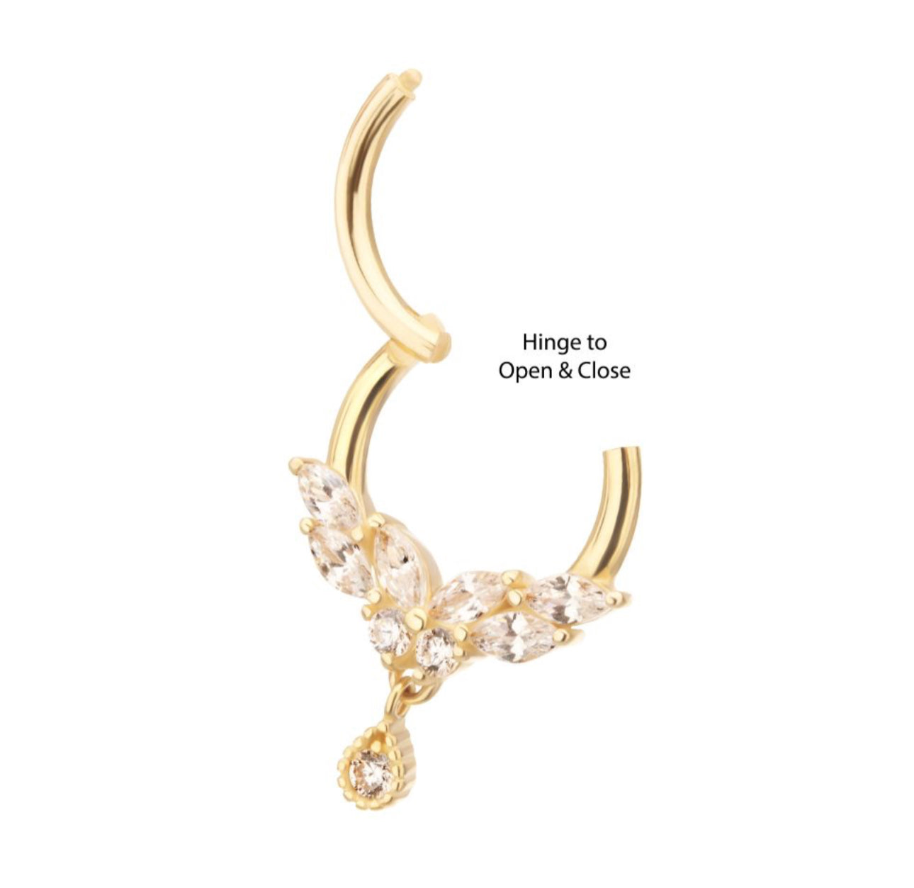 14Kt Gold Marquise Cluster Butterfly with Gem Dangle Front Facing Hinged Segment Clicker | gold septum piercing | butterfly jewelry | dangle