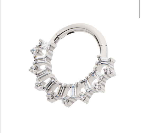 Titanium clustered prong set round & baguette CZ front facing hinged segment clicker | septum ring | daith ring | septum piercing | daith