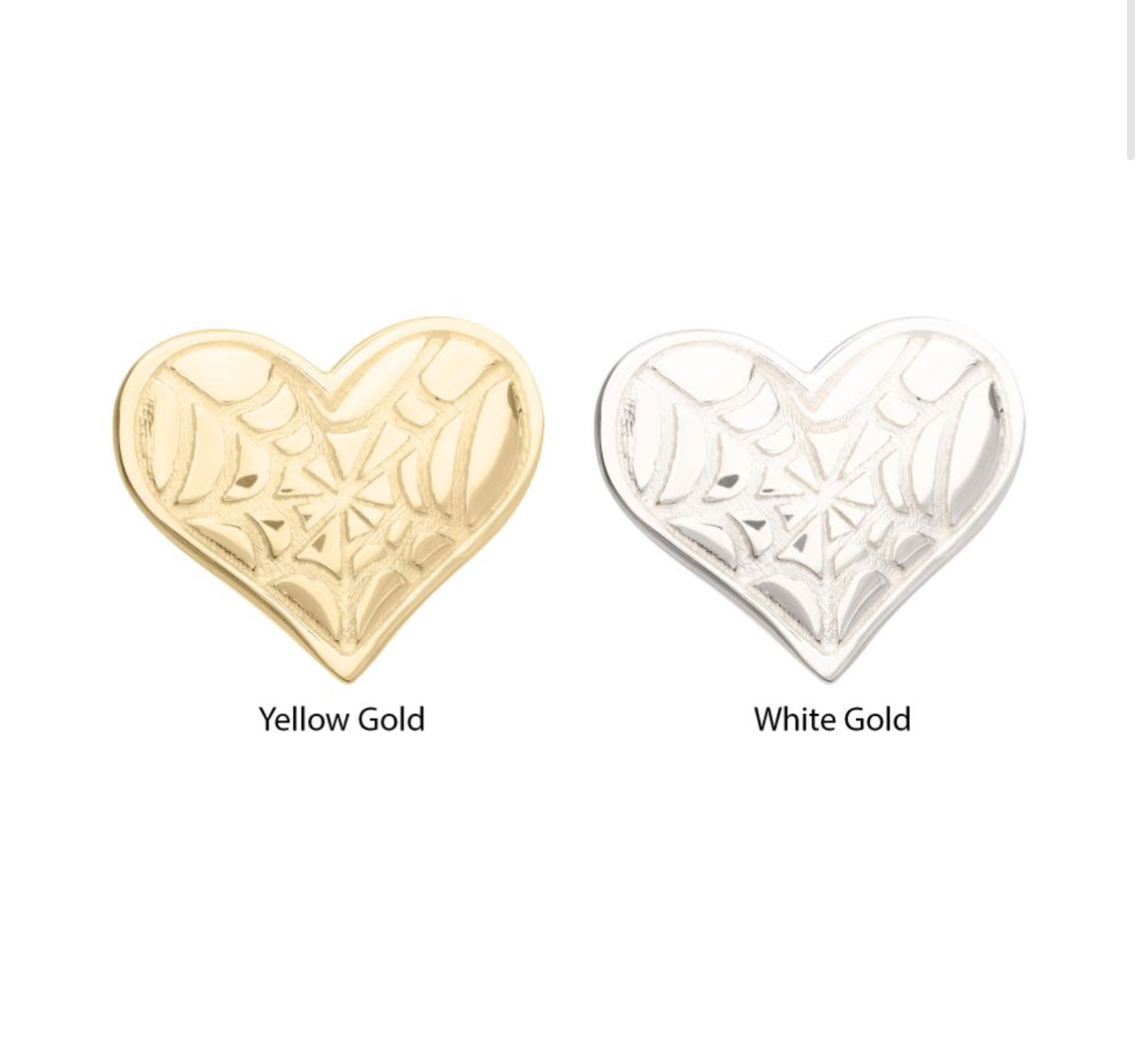 14Kt Gold Threadless Heart Top with Carved Spiderweb earring  | cartilage piercing | Tragus piercing | white gold piercing | yellow gold