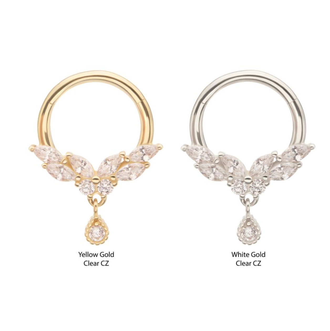 14Kt Gold Marquise Cluster Butterfly with Gem Dangle Front Facing Hinged Segment Clicker | gold septum piercing | butterfly jewelry | dangle
