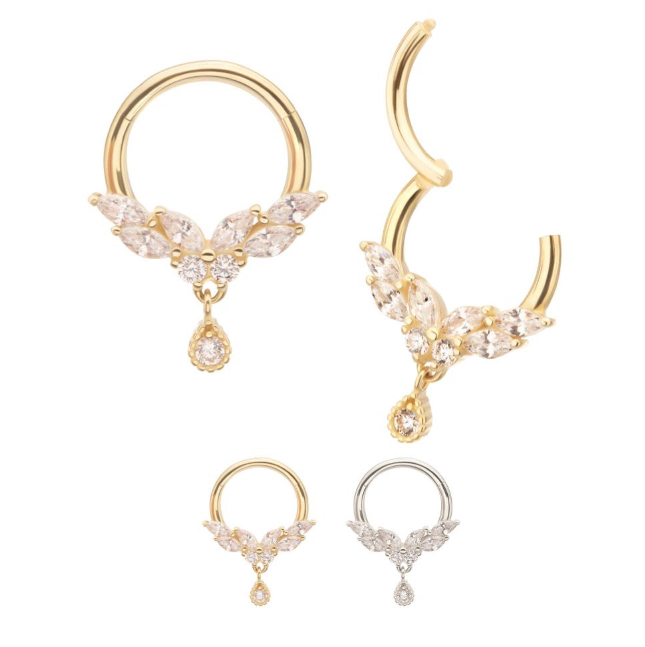 14Kt Gold Marquise Cluster Butterfly with Gem Dangle Front Facing Hinged Segment Clicker | gold septum piercing | butterfly jewelry | dangle