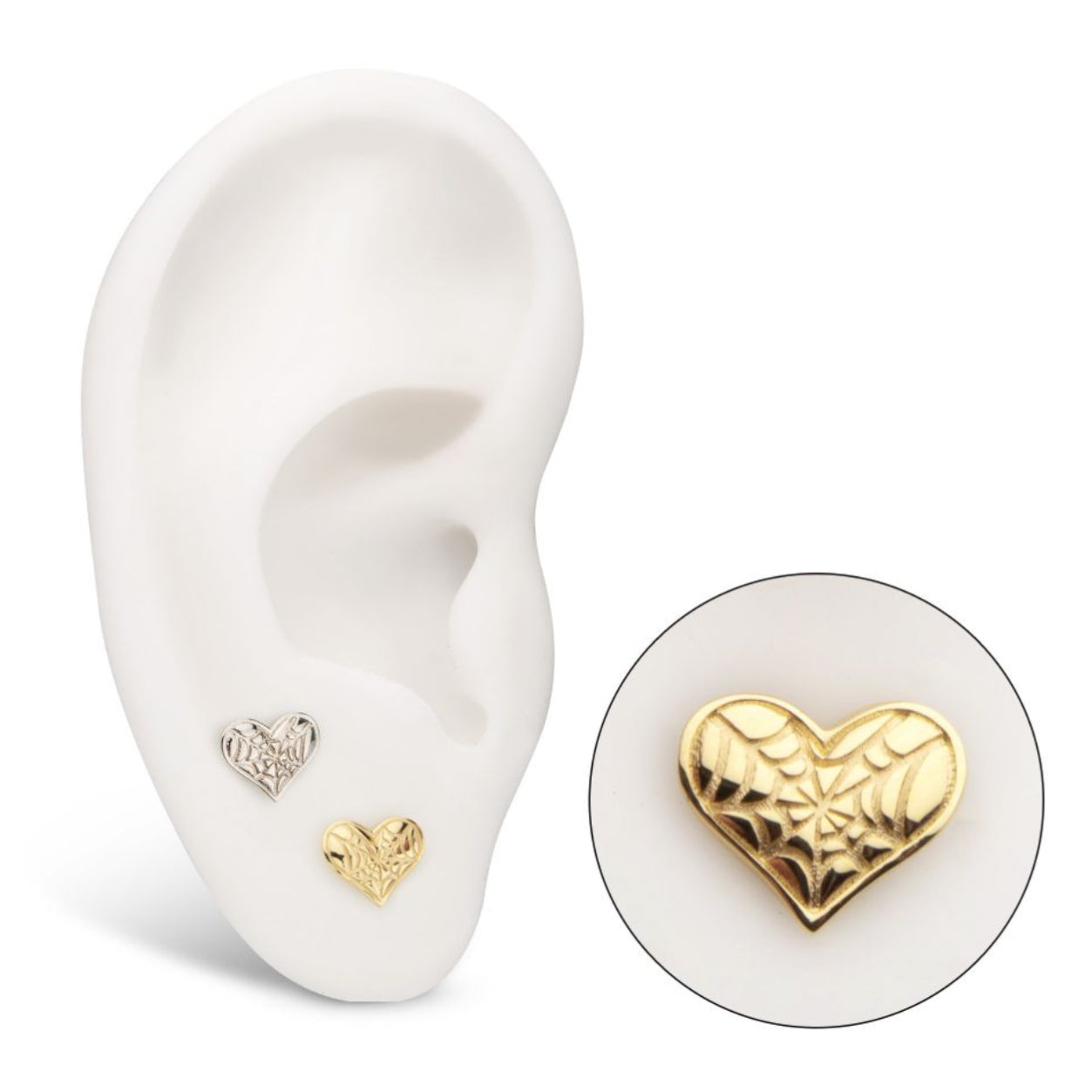 14Kt Gold Threadless Heart Top with Carved Spiderweb earring  | cartilage piercing | Tragus piercing | white gold piercing | yellow gold