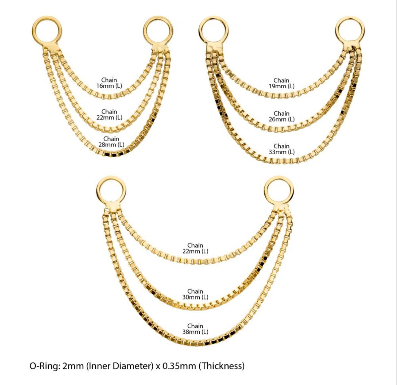 14Kt Yellow Gold 3- Tier Box Chain with o Rings | triple gold nose chain | ear chain | gold nose chain | nose piercing |ear piercing
